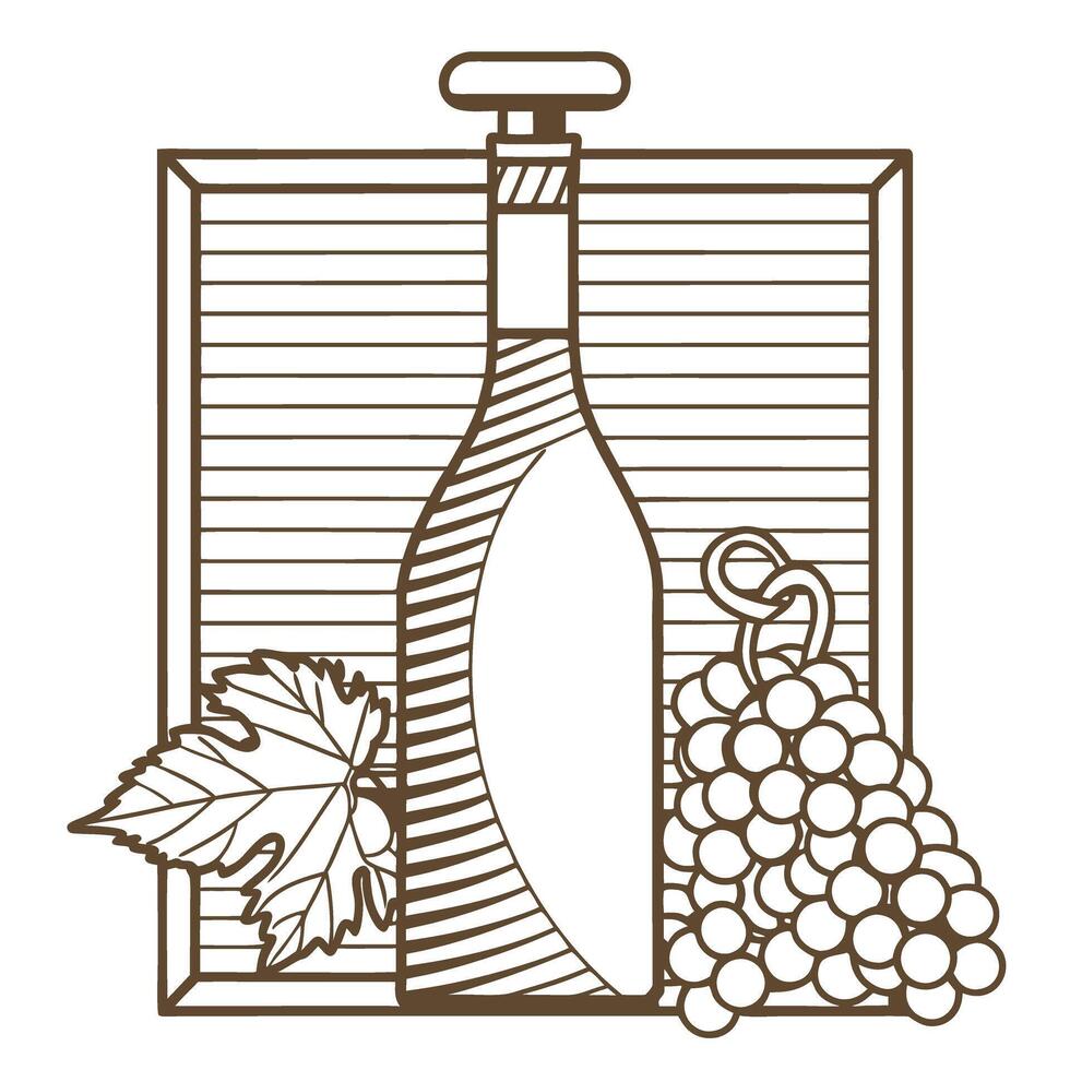 Wine and grapes art elegant bottle with grapevine theme in vintage line drawing vector