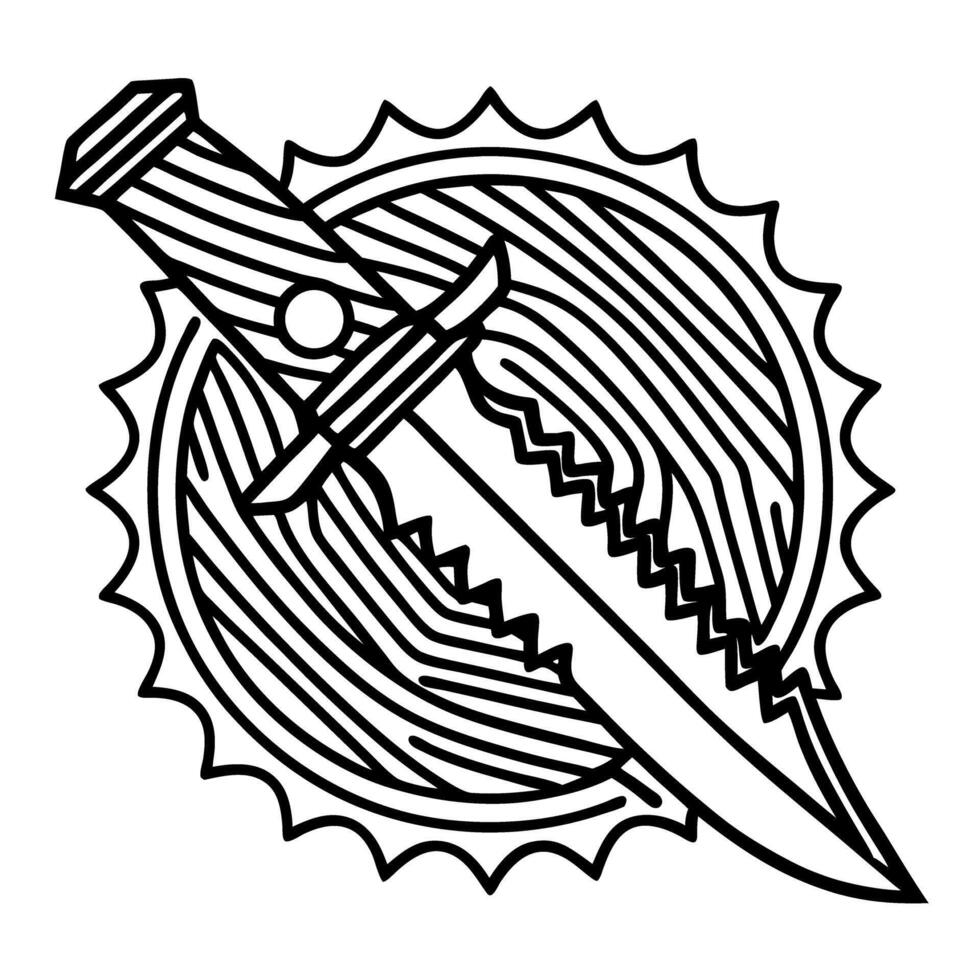 Intricate dagger outline with circular pattern sharp blade art design, symmetrical, monochrome illustration vector