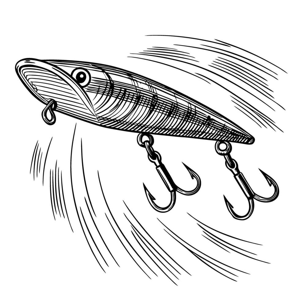 Fishing lure sketch with hooks, motion lines hand drawn detailed black and white illustration vector