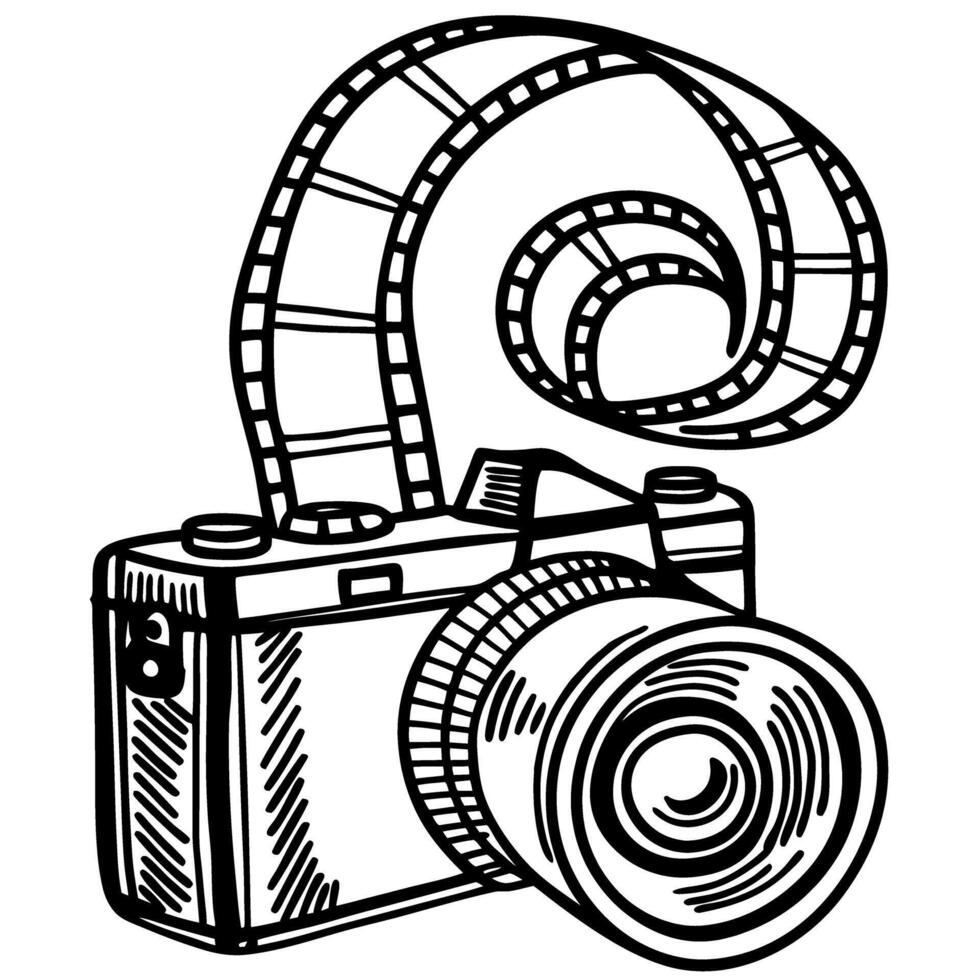 retro film camera illustration with lens and film strip, classic art design sketch vector