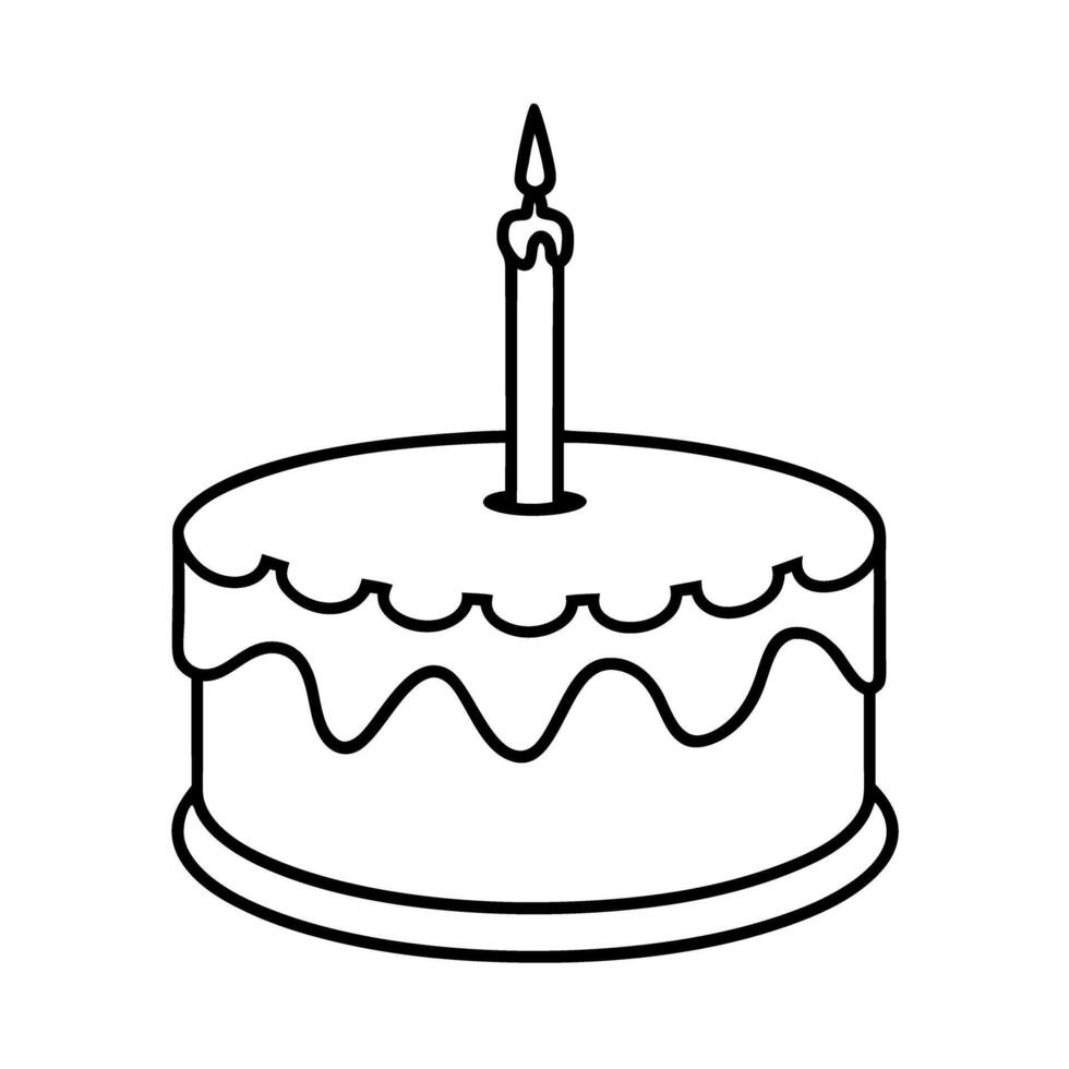 simple line art birthday cake with single lit candle, minimalistic design for celebrations vector