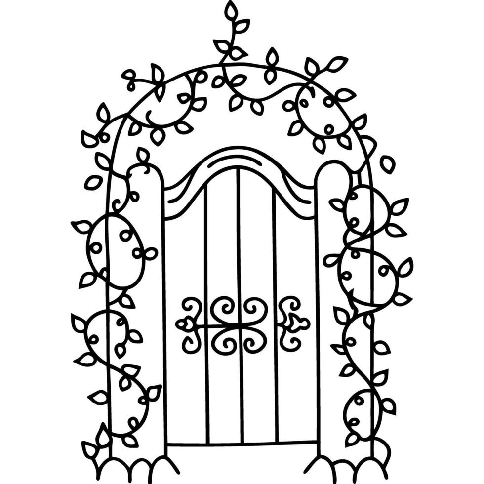 Ornate garden gate with twisting vines in elegant black and white line art vector