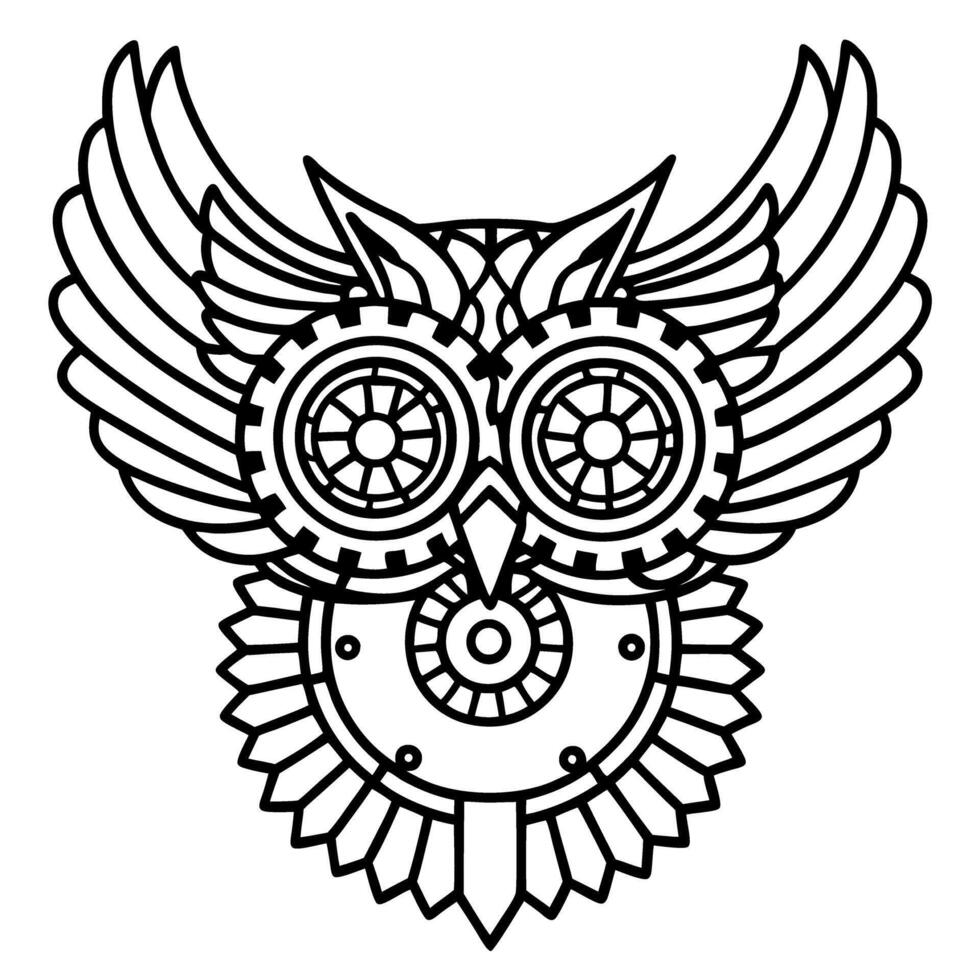 steampunk owl design with gears and wings, mechanical symmetry and intricate line art vector
