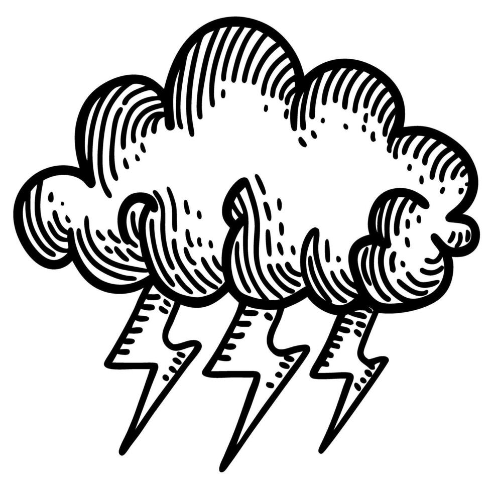 storm cloud with lightning bolts illustration dramatic weather concept, black and white sketch vector