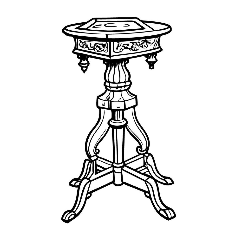 Antique wooden pedestal stand with ornate carvings and elegant three legged design vector