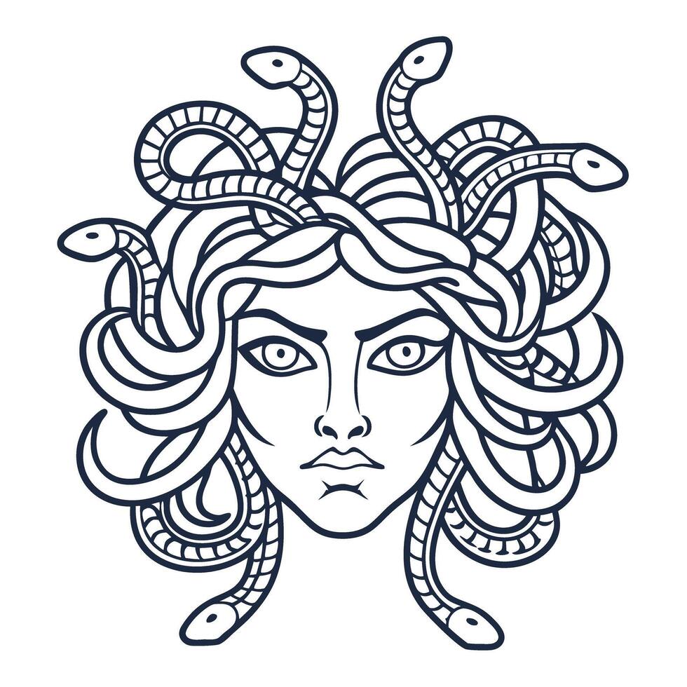 Medusa illustration with snake hair, mythological gorgon art vector