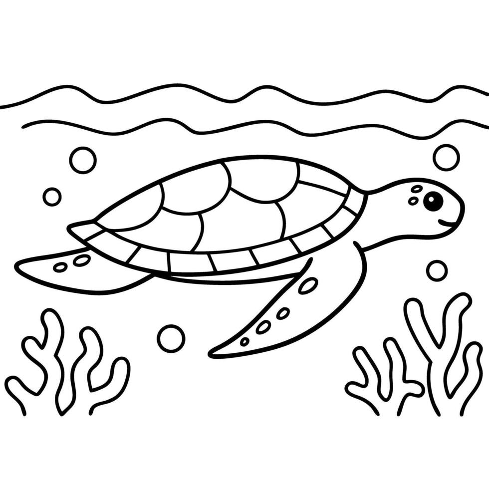 sea turtle illustration with ocean waves, coral and bubbles in marine environment vector