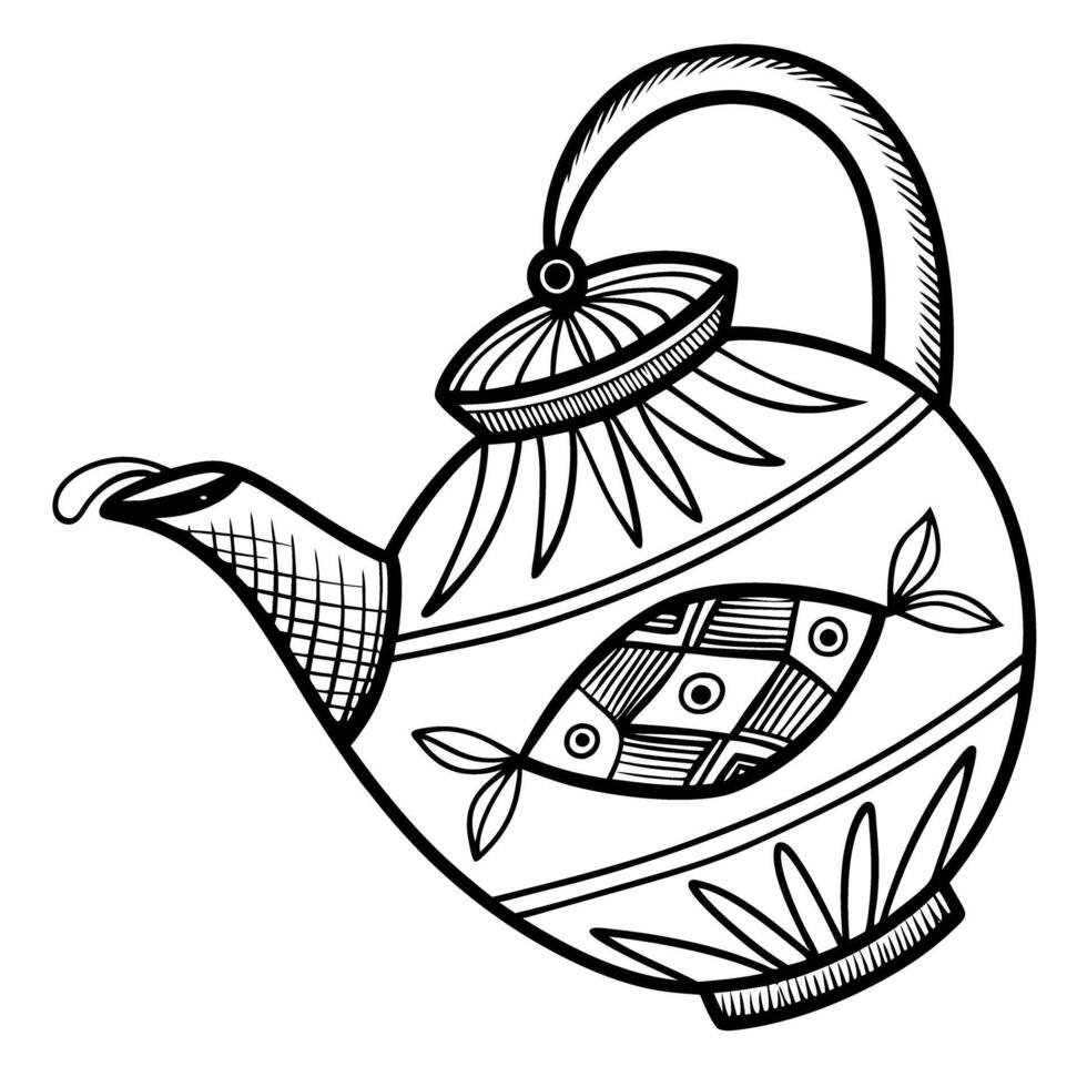 Intricate black and white teapot design with geometric and floral patterns vector