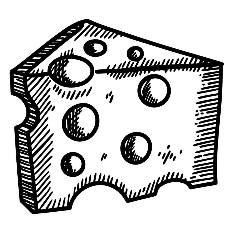 hand drawn wedge of swiss cheese illustration with holes, sketch food art, rustic dairy product vector