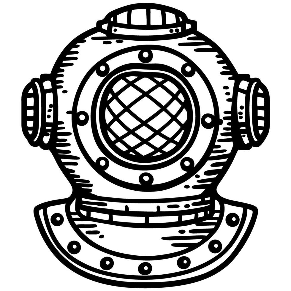 vintage diving helmet illustration in black and white, nautical maritime exploration vector