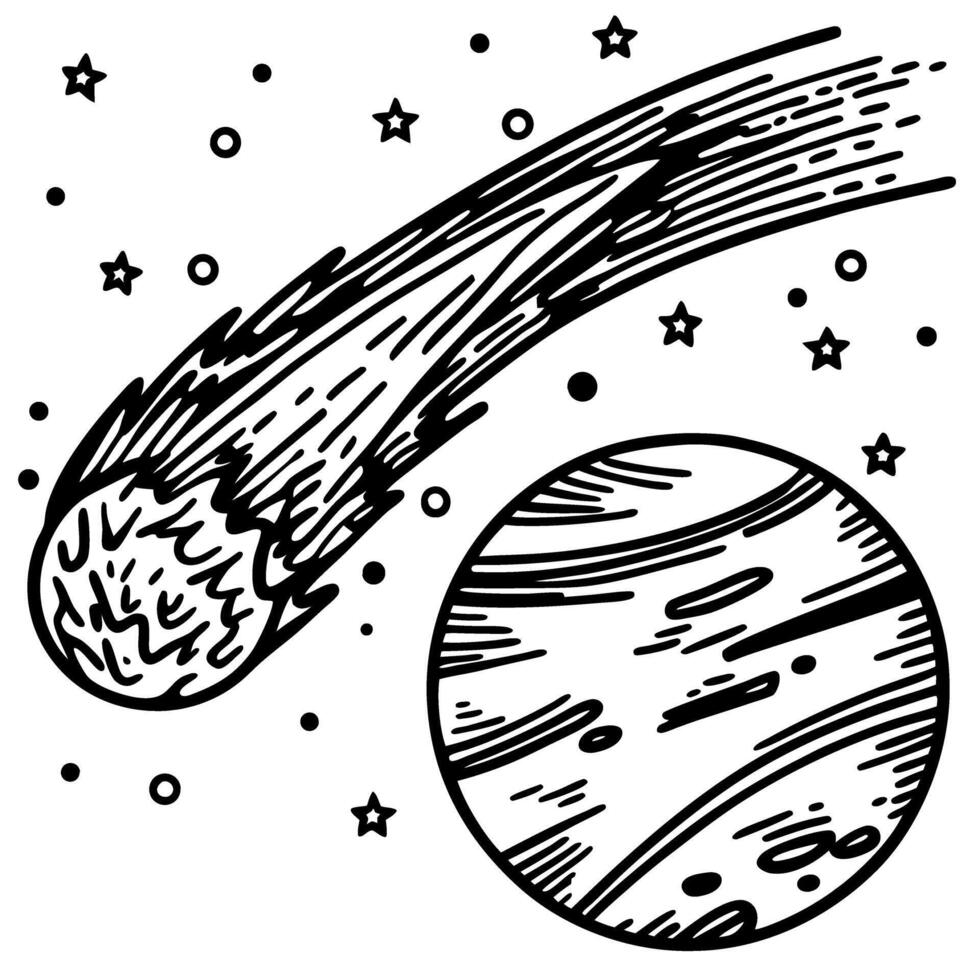 comet streaking through space near planet celestial bodies, astronomy illustration with stars vector