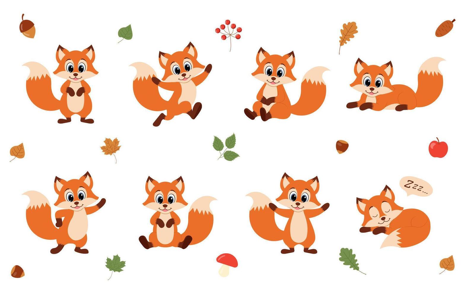 Cute animal fox set characters. Fox in various poses. Fox running, standing, jumping and sleeping. Forest wild animals. vector