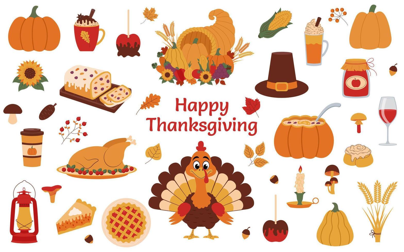 Autumn thanksgiving set. Set of autunm thanksgiving illustrations and elements. Collection of thanksgiving cliparts. Autumn thanksgiving concept. vector