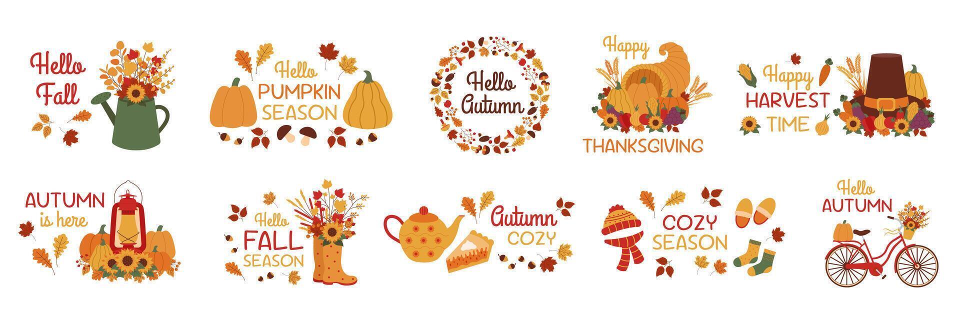 Set of autunm illustrations and letterings. Autumn concept. vector
