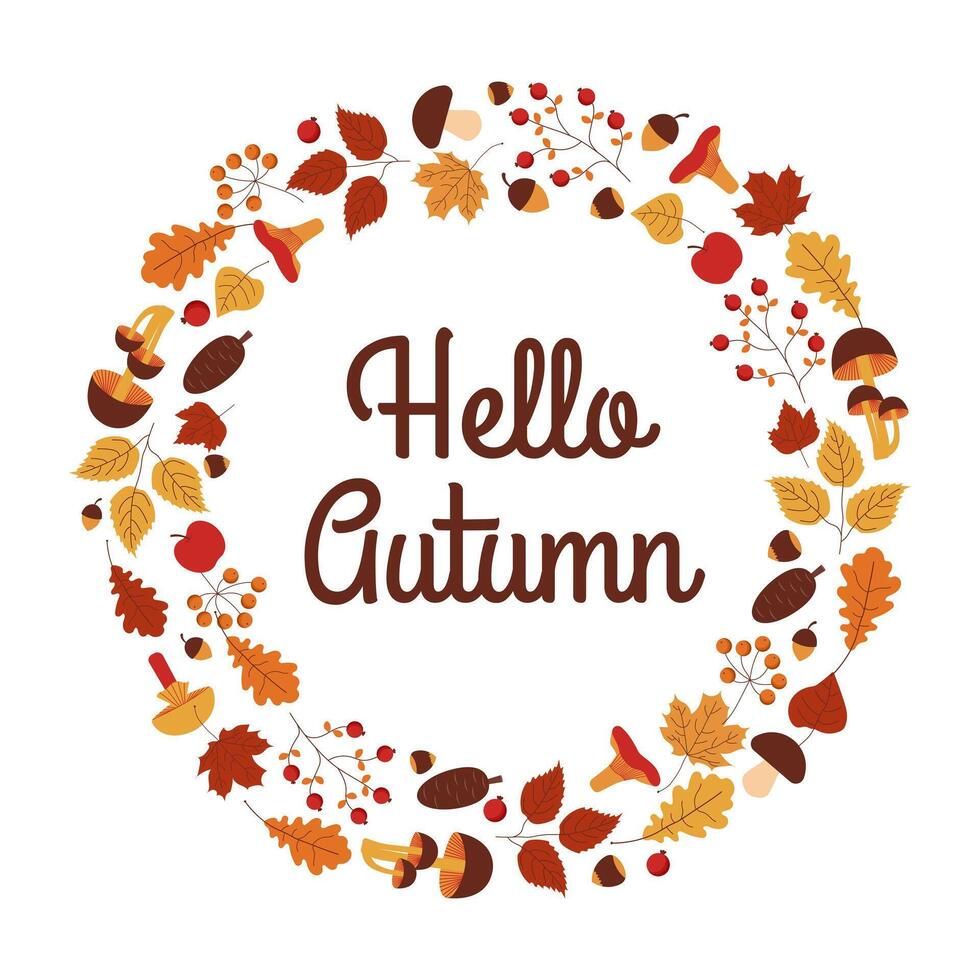 Autumn wreath with leaves, mushrooms, pine cones, berries, nuts and lettering. Autumn concept. vector