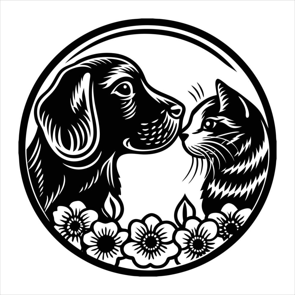 A dog and cat are kissing in a circle vector