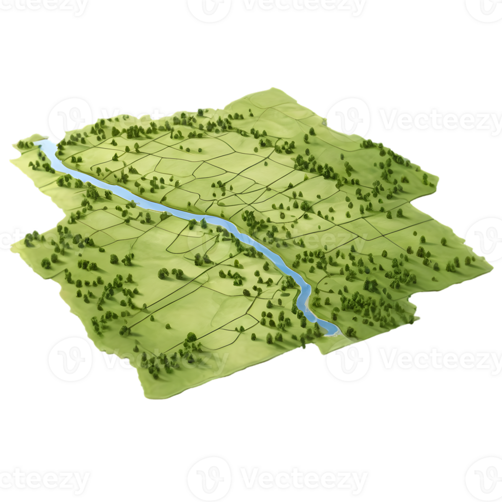 Aerial view of a green landscape with river and scattered trees png