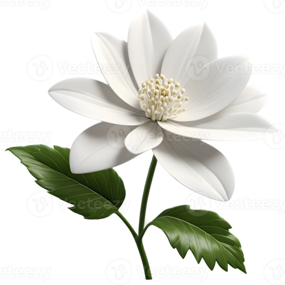 A single white flower with green leaves png
