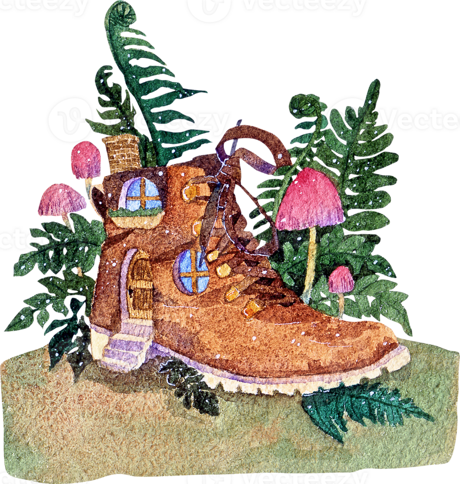 Whimsical watercolor illustration of a fantasy brown hiking boot house surrounded by lush ferns and pink mushrooms in a magical forest setting png
