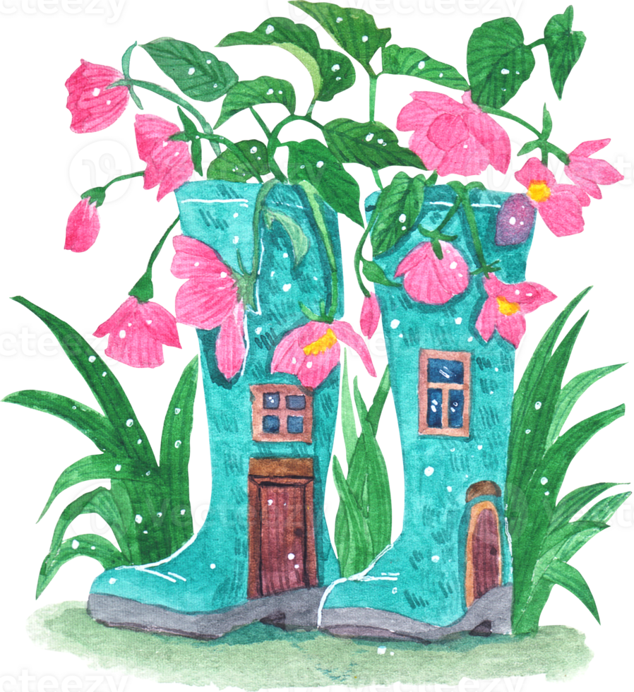 Whimsical watercolor illustration of a tiny fantasy blue rain boots house overflowing with blooming pink flowers and surrounded by lush green grass png