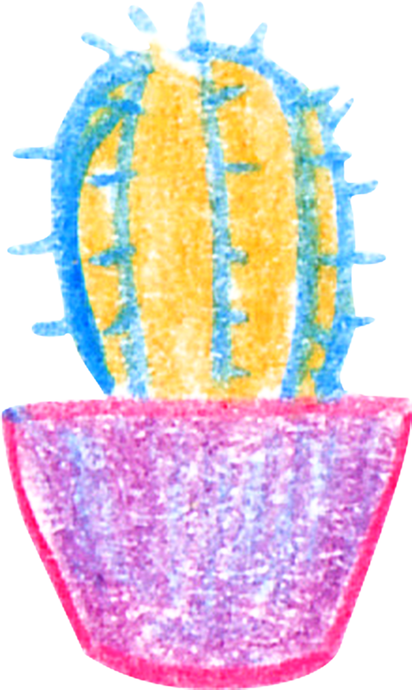 Crayon style illustration of a cactus with spiky details in a pot in vibrant colors playful childlike and whimsical appearance png