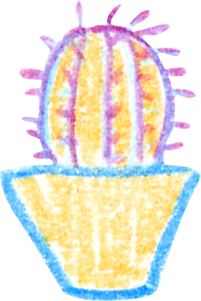 Crayon Style Illustration of a Round Potted Cactus with Colorful Spikes png