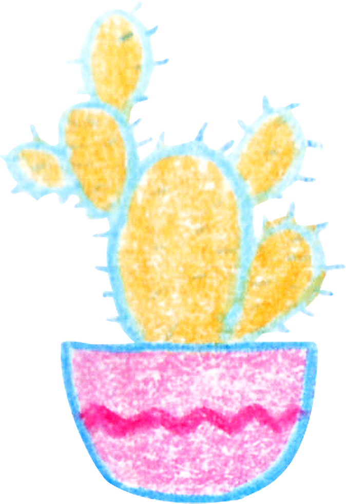 Playful crayon style illustration of a yellow prickly pear cactus with a blue outline in a pink pot with a zigzag pattern creating a bright and cheerful artistic look png