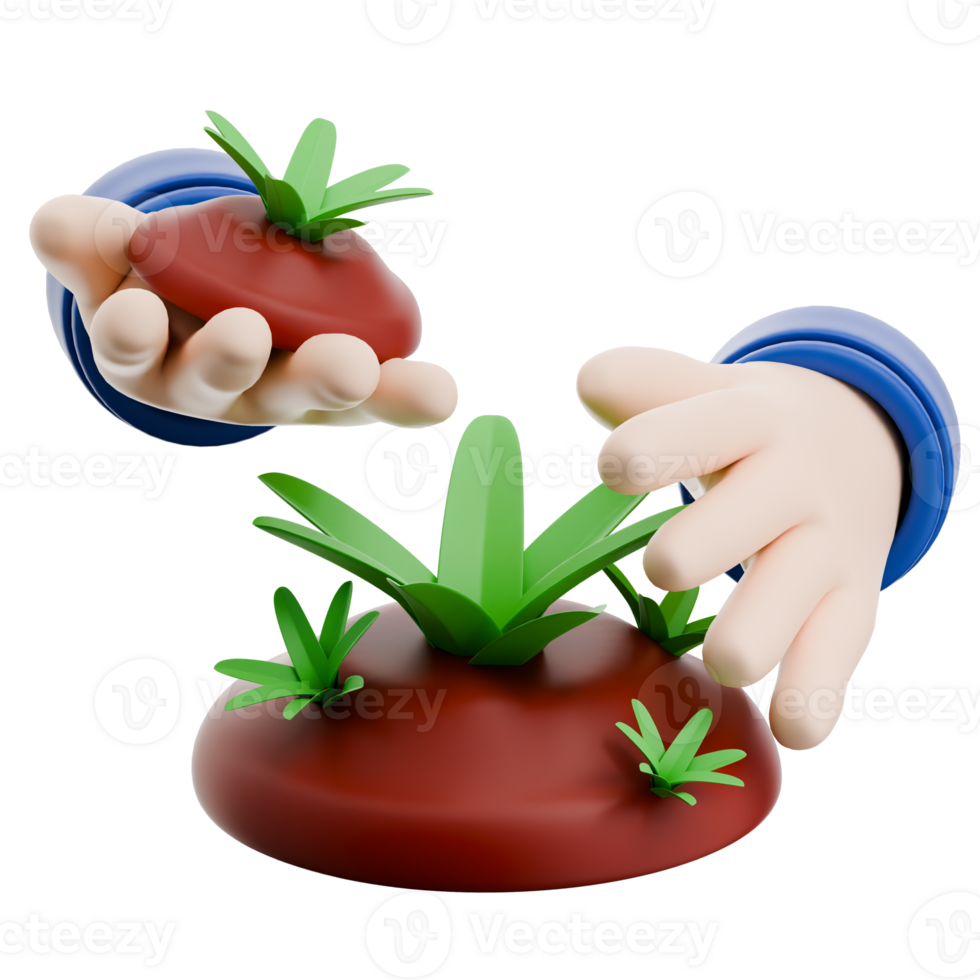 3D Icon of Hands Planting Green Grass on Brown Soil with Transparent Background png