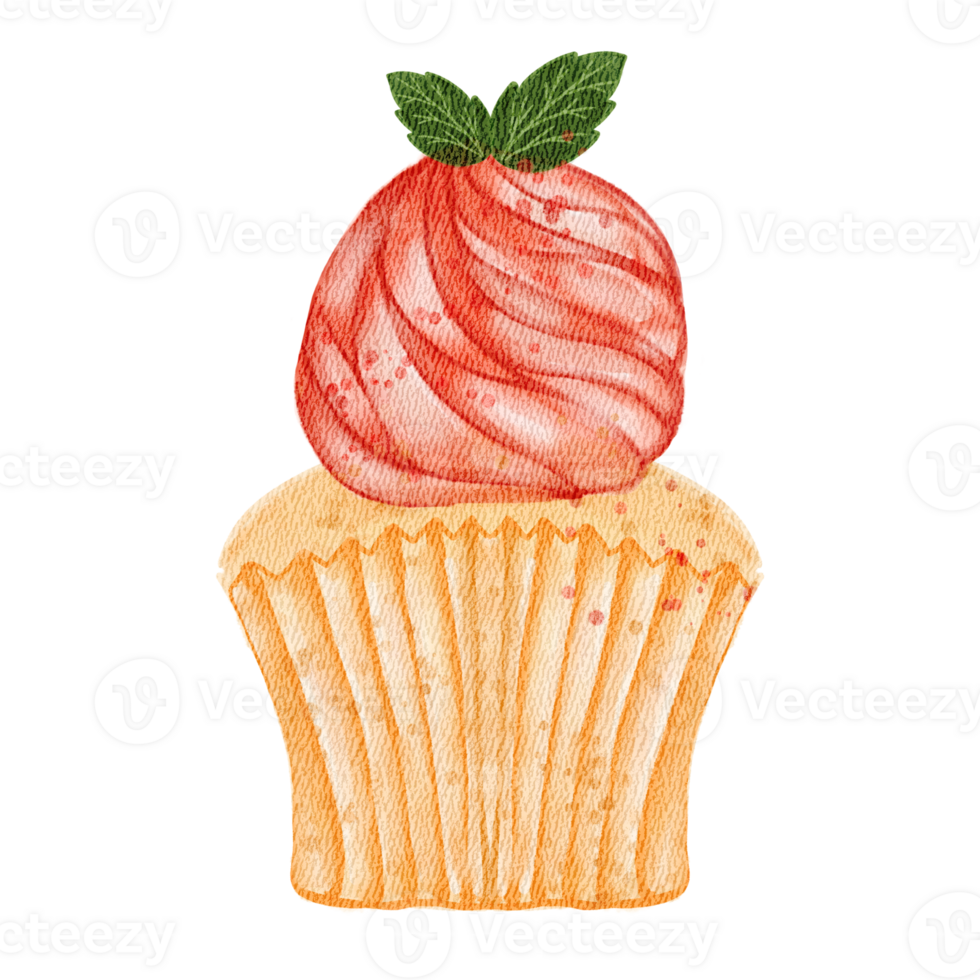 A watercolor drawing of a cupcake with a strawberry on top png