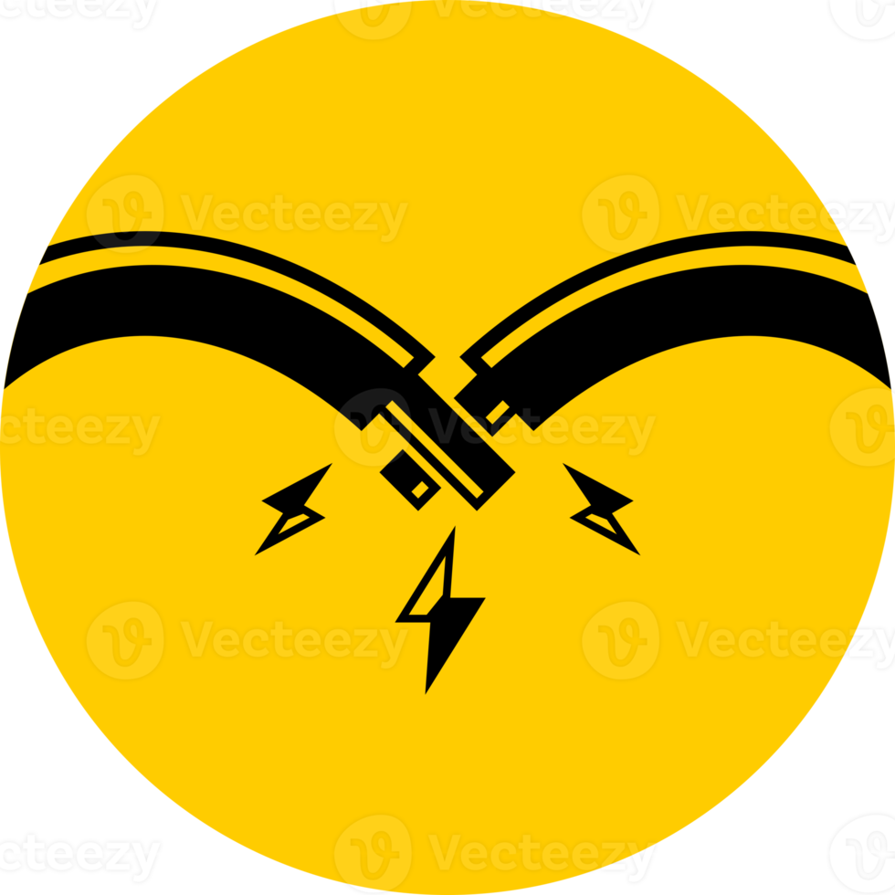 Black broken electric cable wire short circuit on yellow circle icon png