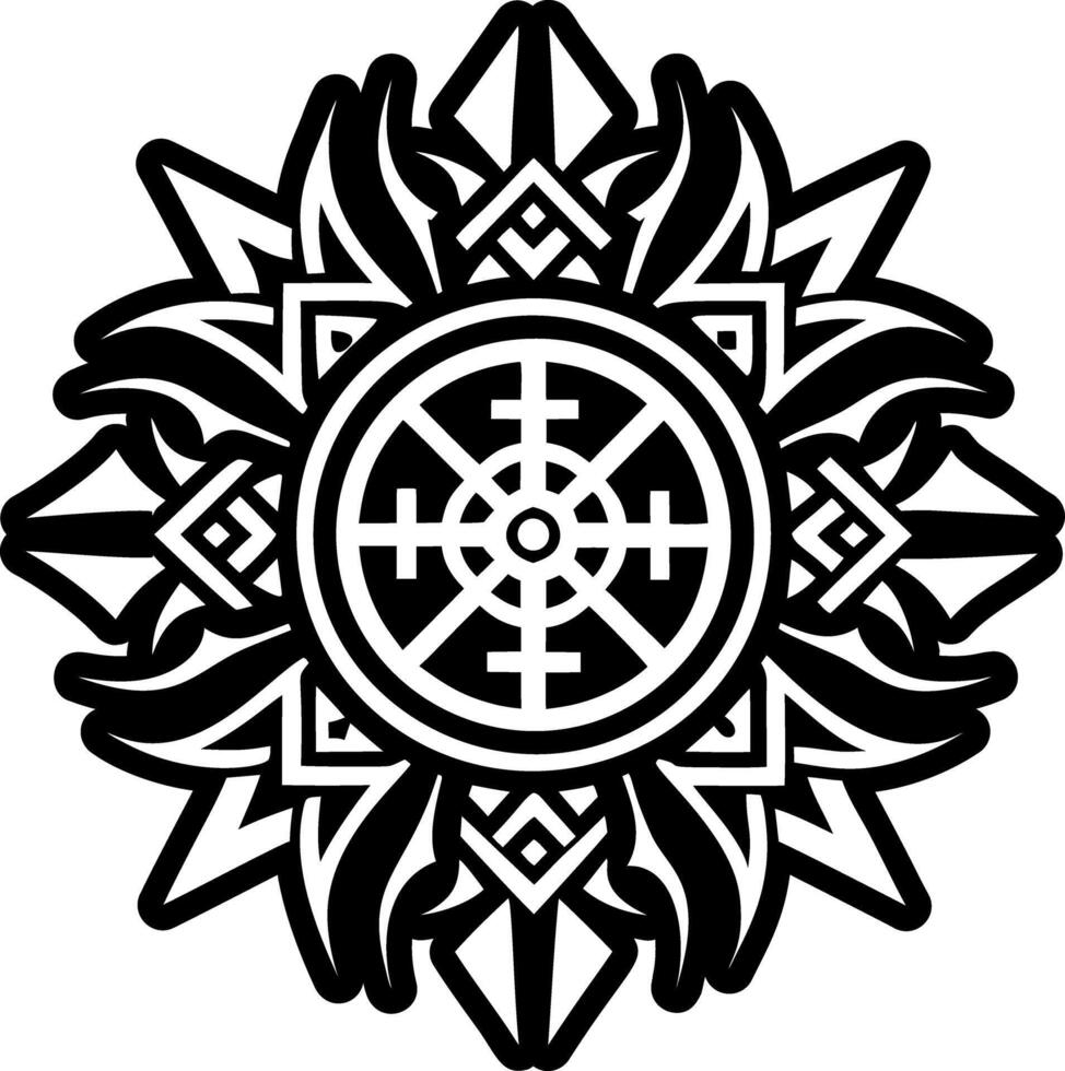 A black and white design with a sun in the center vector