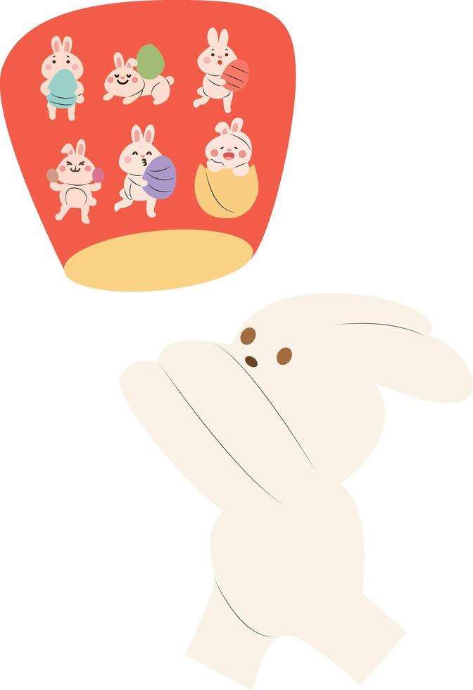 A cartoon rabbit is holding a red hat with a bunch of small rabbits on it vector