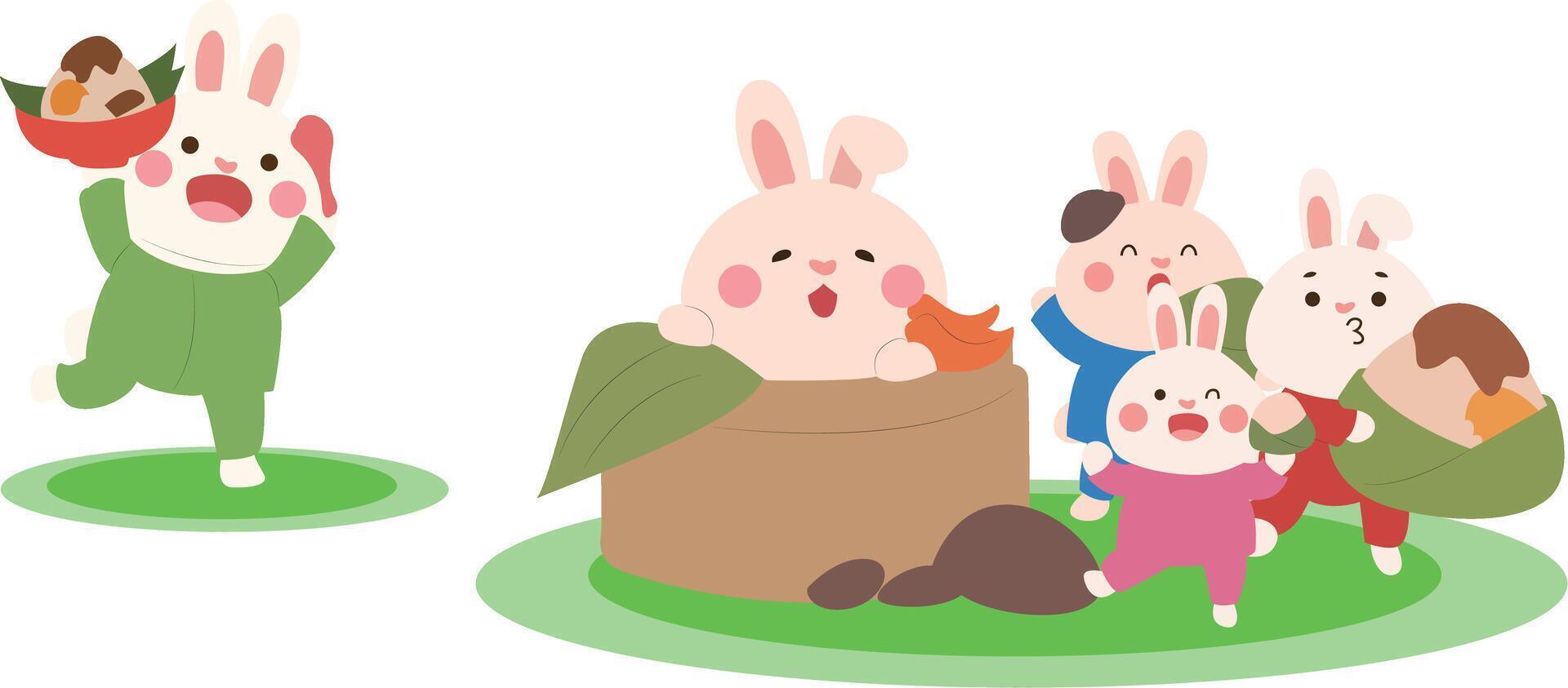 Dragon Boat Festival Happy Rabbits with Delicious Zongzi vector