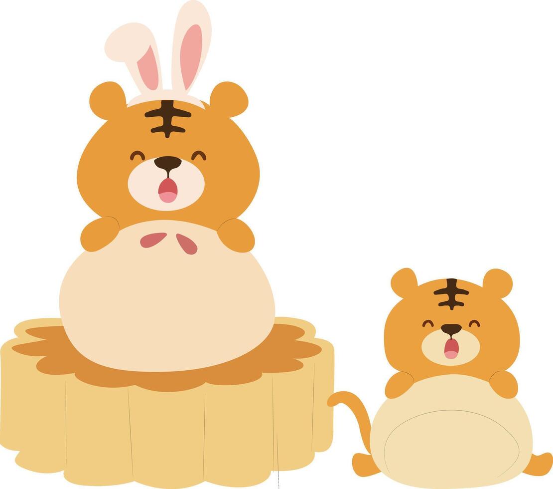 Mid-Autumn Cute Tiger with Traditional Mooncake Treats vector