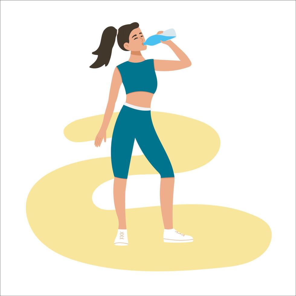 Woman athlete drinks water from plastic or glass bottle. Stay hydrated concept in body. character in flat style vector