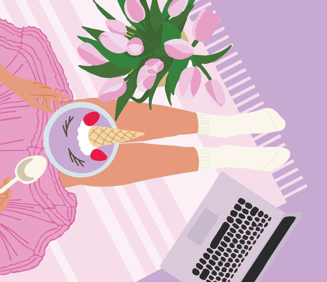 Woman legs in tutu dress on the floor up view flat style with notebook, bouquet, unicorn bowl vector