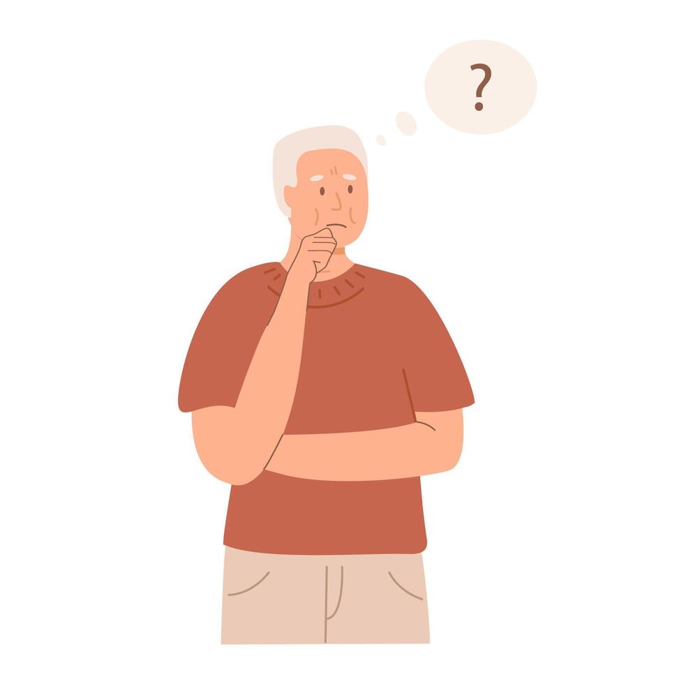 Elderly man experiencing confusion, memory loss, thinking with a puzzled expression and question mark. Alzheimer disease dementia concept. Male person solving problem, making decision. . vector