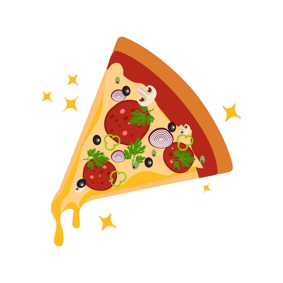 Delicious Pizza Slice with Pepperoni, Mushrooms and Olives for Food Lovers vector