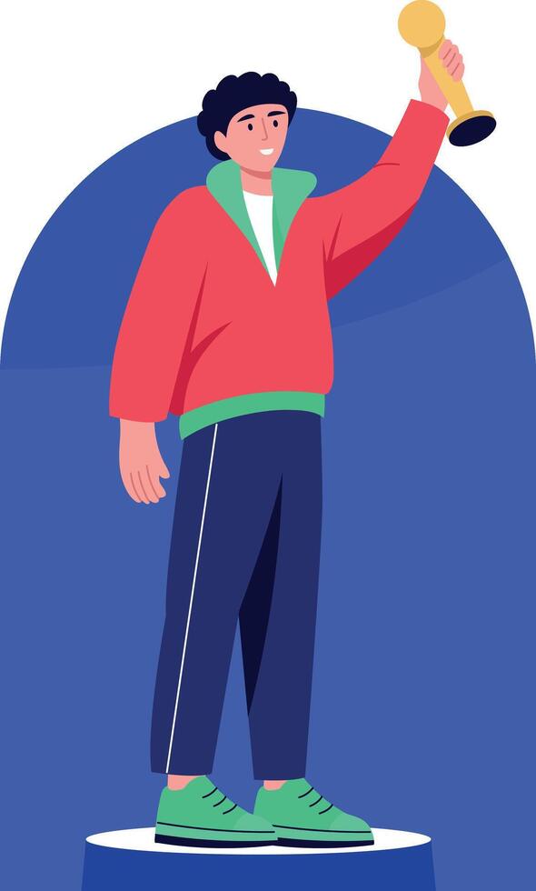 A character holding trophy in hand, flat style illustration vector