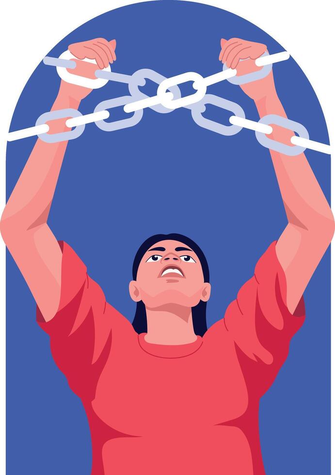 A character breaking chains depicting freedom, flat illustration vector