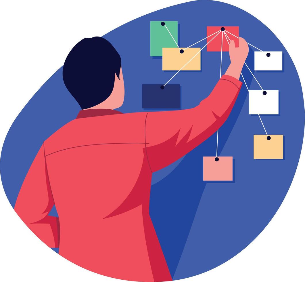 A character pinned paper on a vision board, flat illustration vector