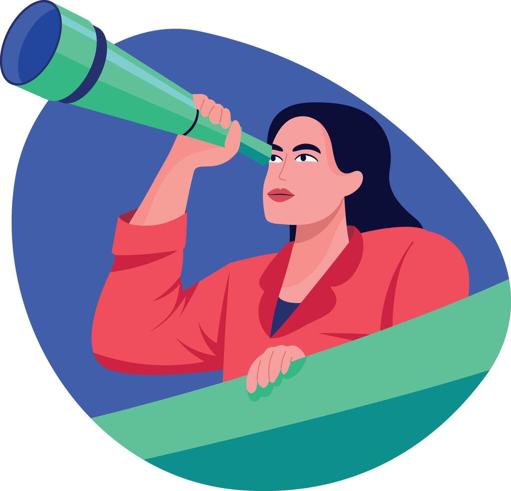 A character seeing through a telescope depicting vision, flat illustration vector