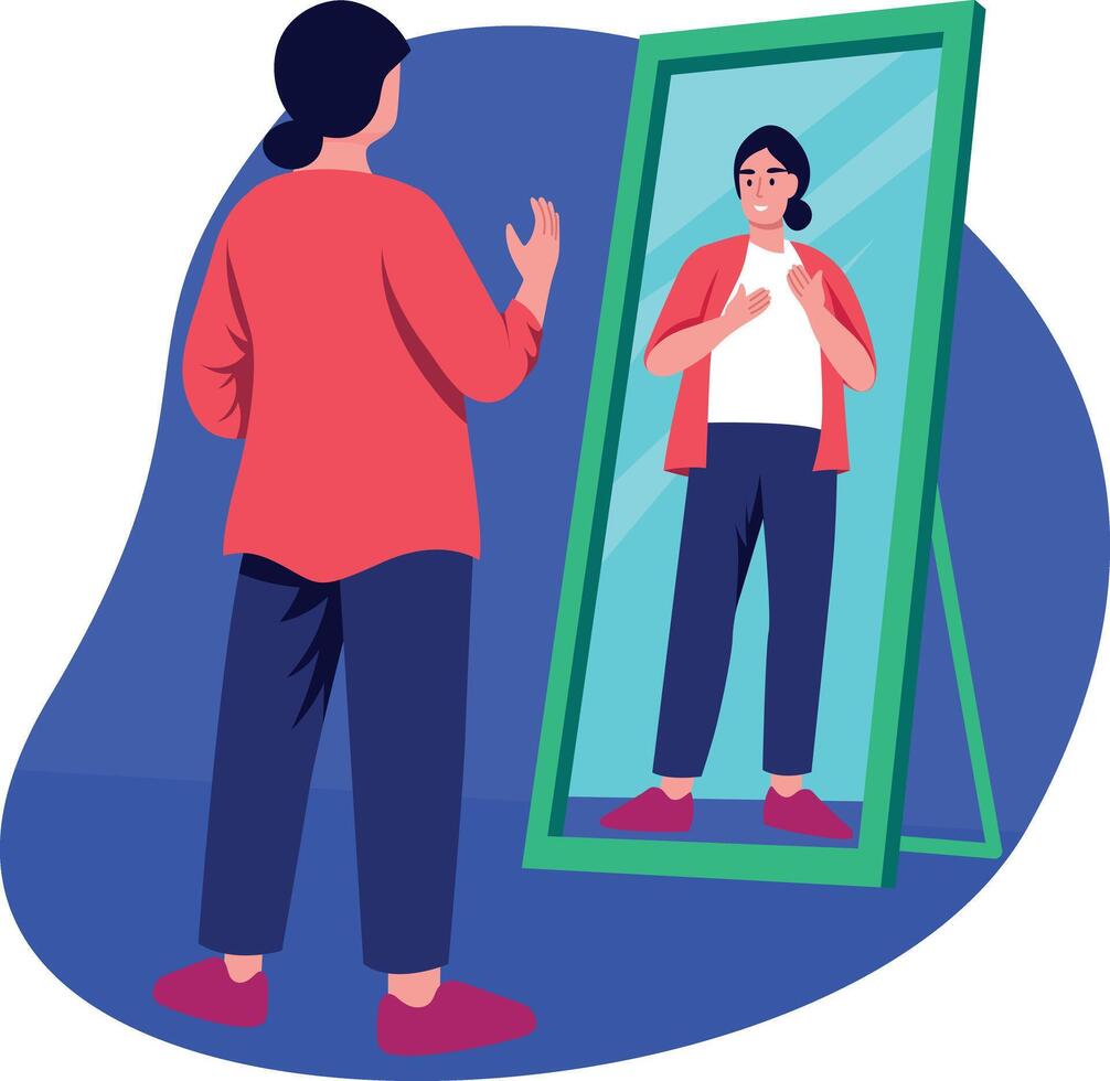 A character practicing speech in front of mirror, flat illustration vector