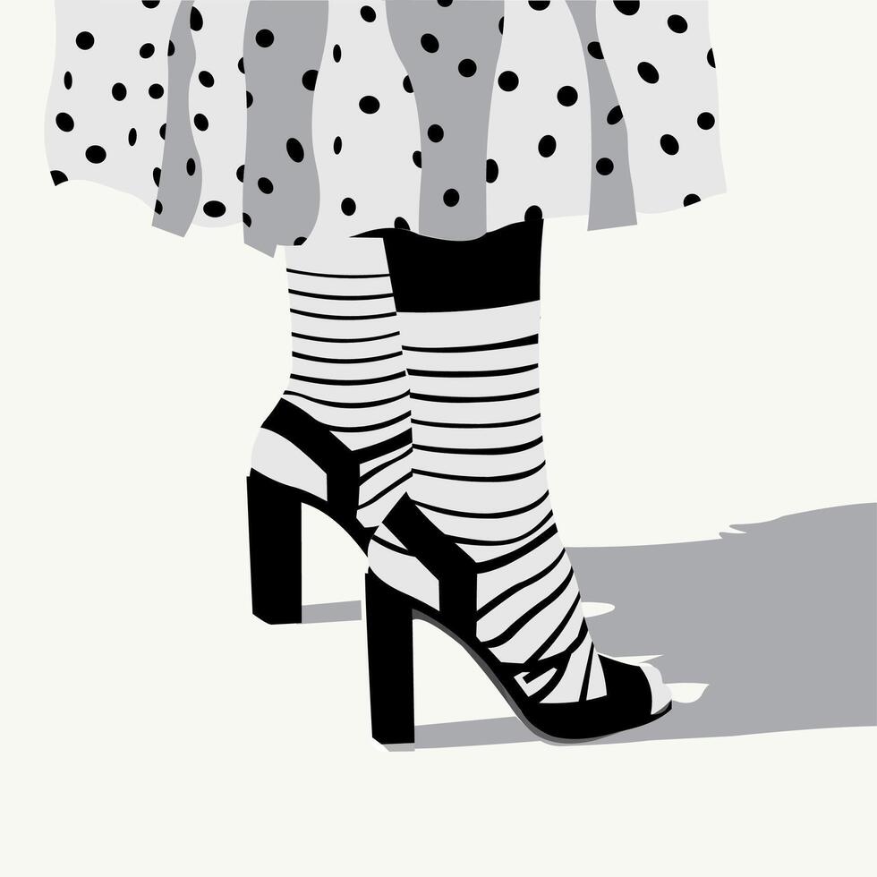 Chic Fashion Illustration. High Heels with Striped Socks and Polka Dot Skirt vector