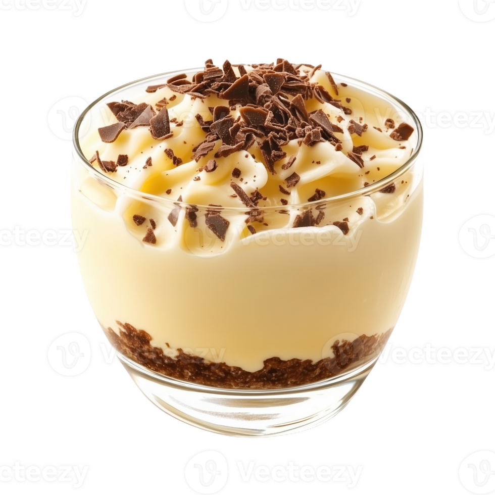 Delicious Italian zabaglione topped with chocolate shavings served in a glass bowl png