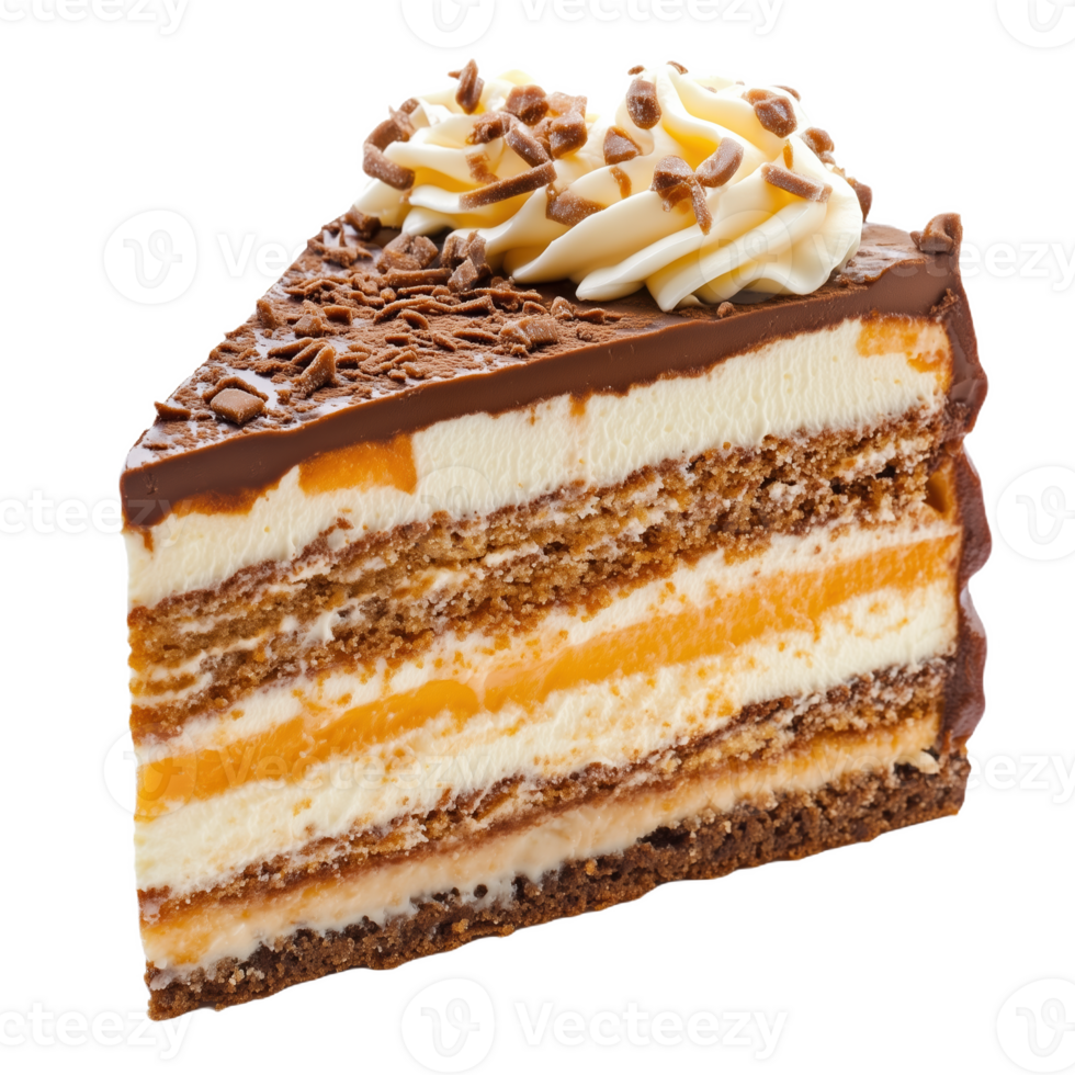Delicious Hungarian dobos torte slice with layers of cream and chocolate topping png