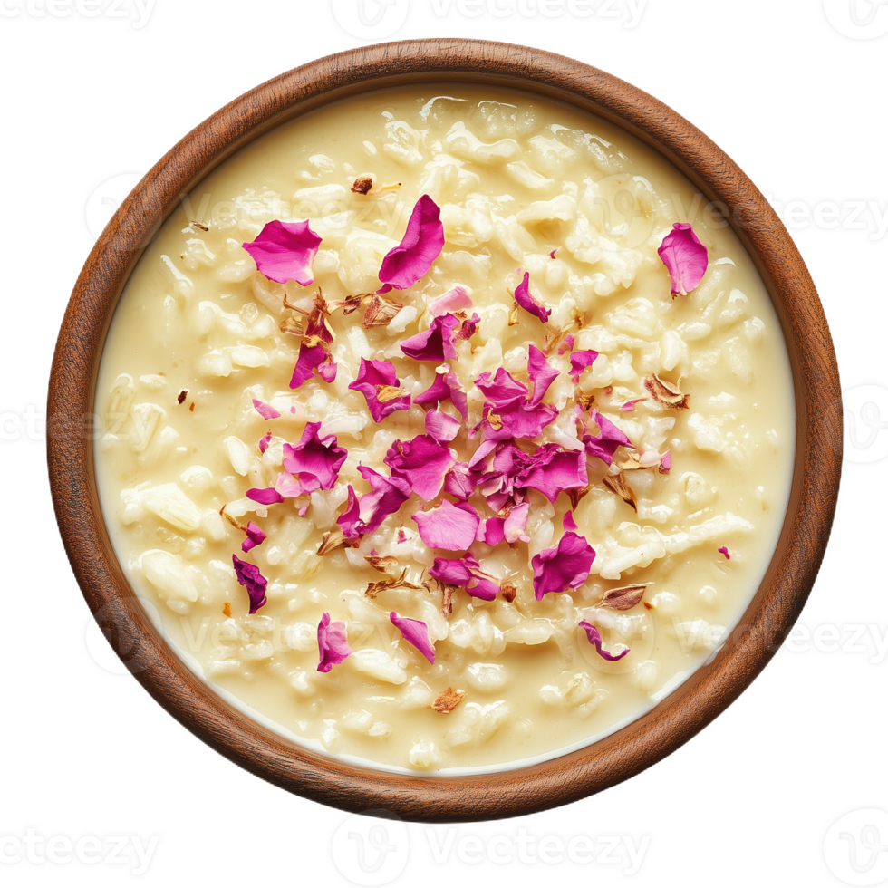 Isolated Iranian rosewater rice bowl with delicate floral garnish in wooden serving dish png
