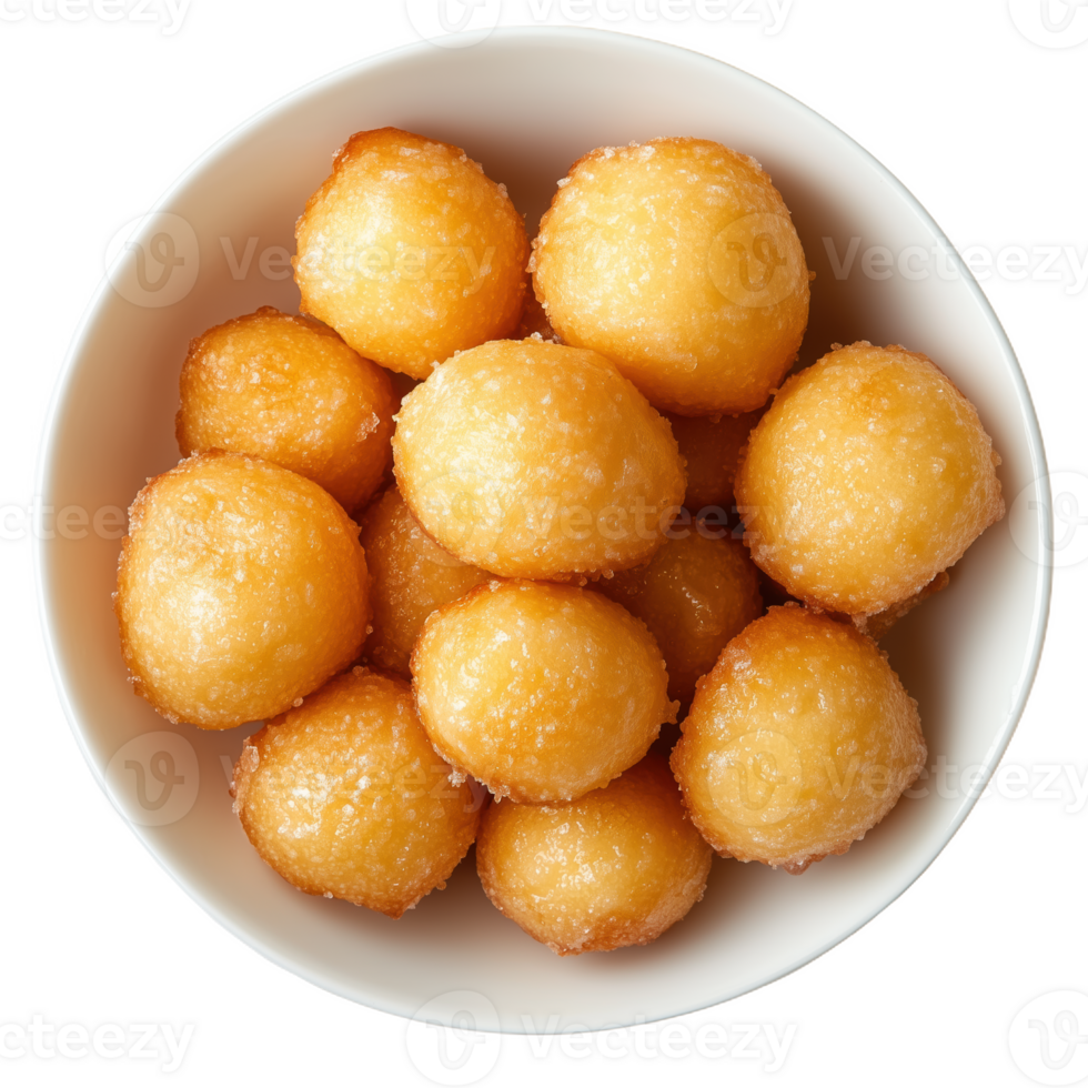 Delicious Greek loukoumades served in a white bowl with golden color png