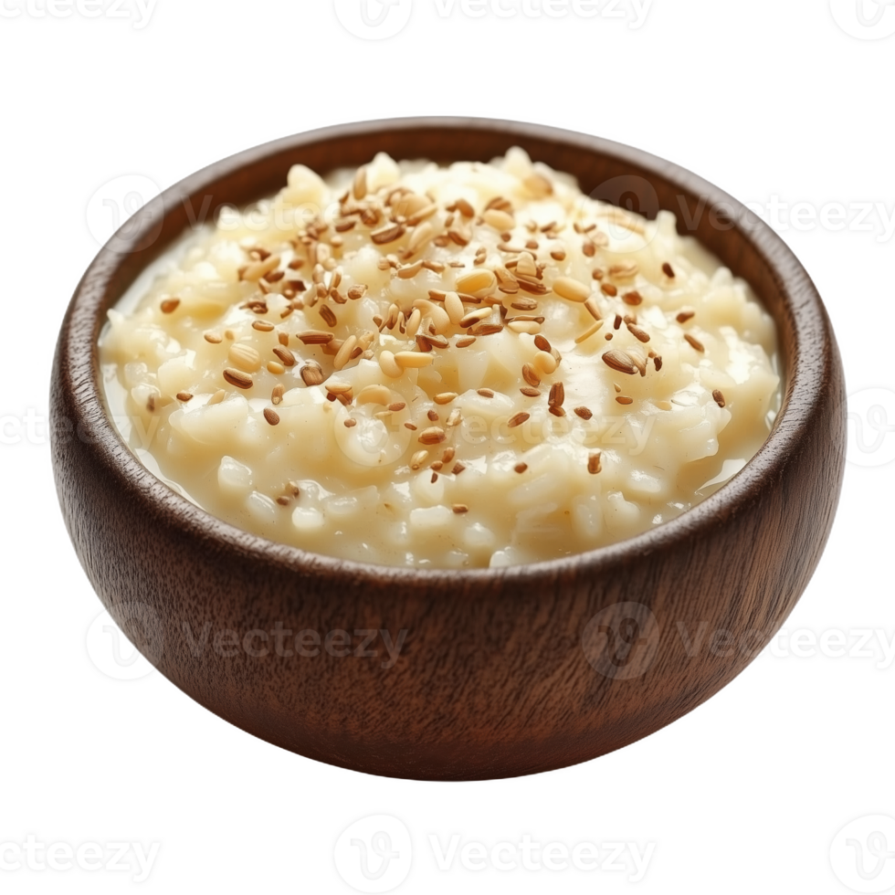 Isolated Tibetan honey rice pudding served in a wooden bowl with sesame seeds png