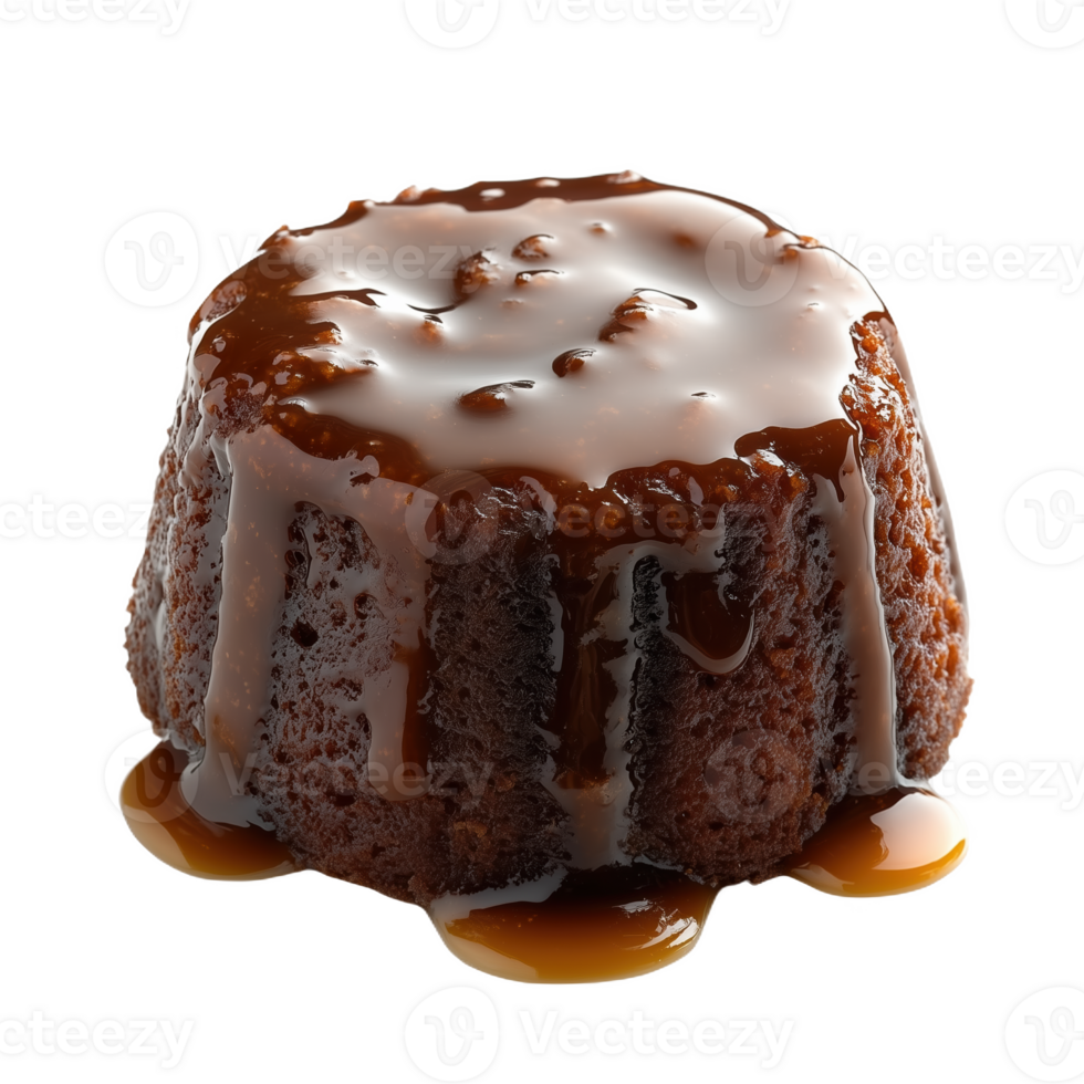 British sticky pudding served with rich caramel sauce dripping down the sides png